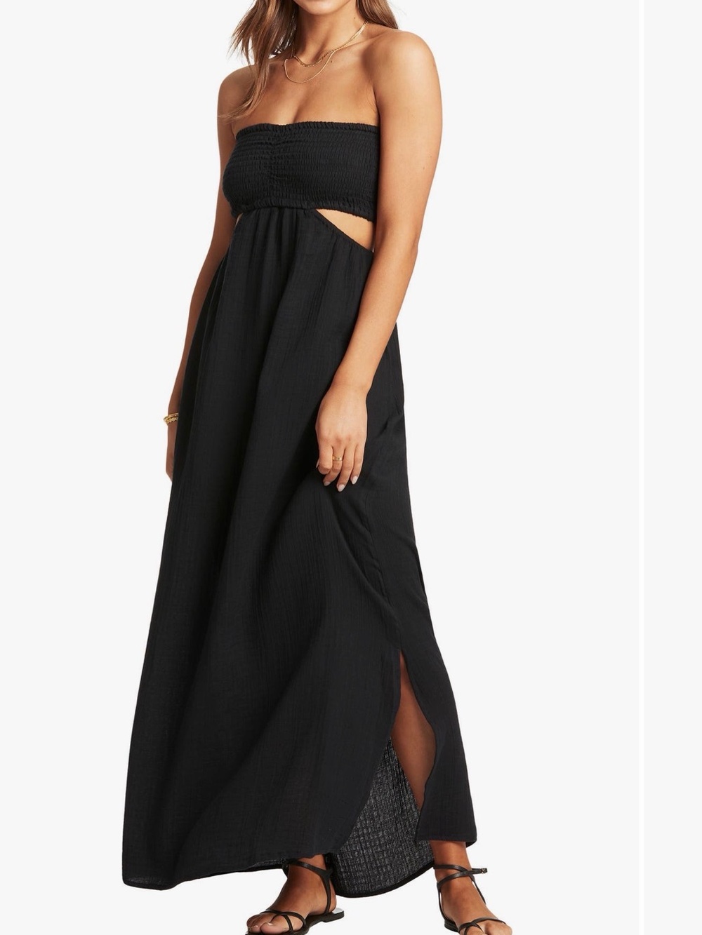 Sea Level Smocked Bodice Cotton Seersucker Maxi Cover-Up Dress Black L - Picture 3 of 5